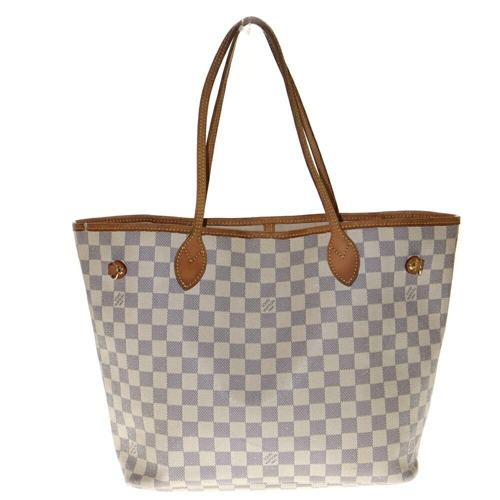 Louis Vuitton Damier Azur White Neverfull Tote Bag Handbag Brown Leather